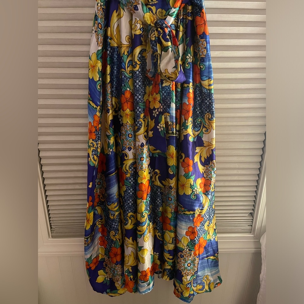 flowy, multicolored-scenery maxi skirt